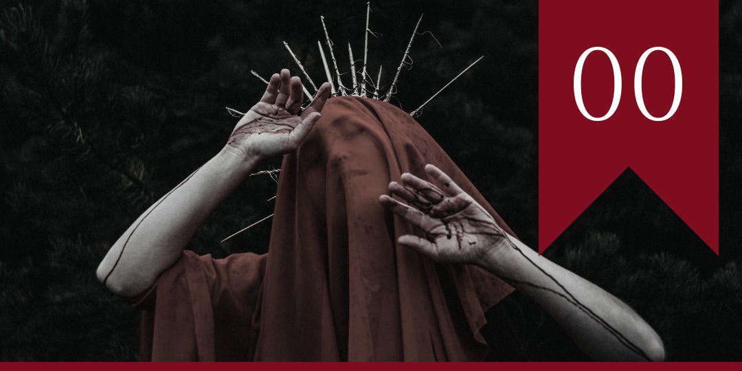 Episode 00 - Prologue - A woman in a thorny crown with a red veil over her face. 